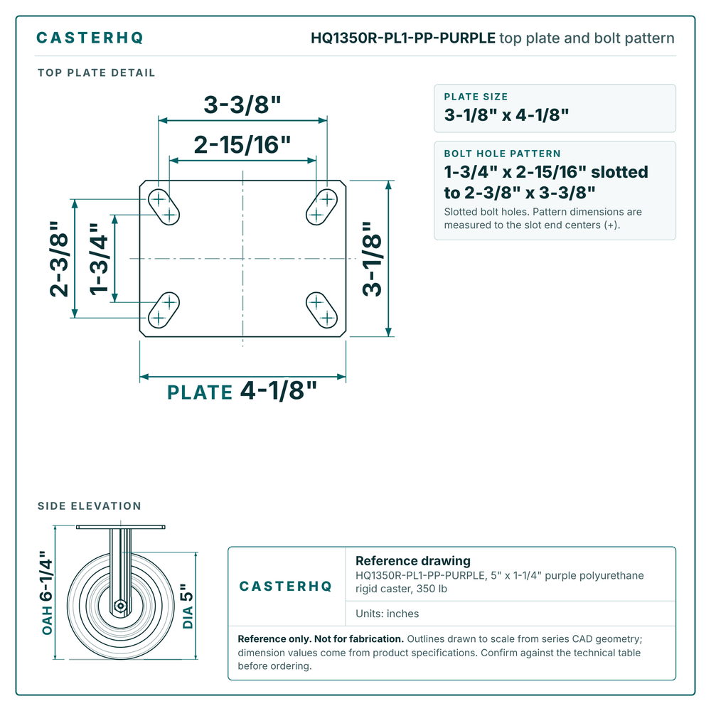 Top plate bolt pattern drawing, 3-1/8 x 4-1/8 in plate, 1-3/4 x 2-15/16 in slotted to 2-3/8 x 3-3/8 in, slotted bolt holes