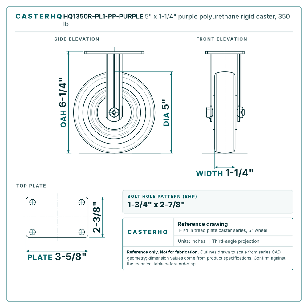 HQ1350R-PL1-PP-PURPLE 5 x 1-1/4 in purple polyurethane rigid caster reference drawing, side, front and top plate views with dimensions