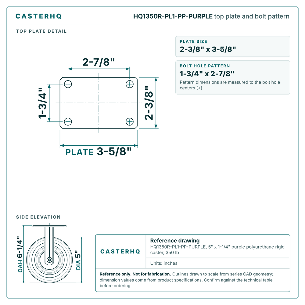 HQ1350R-PL1-PP-PURPLE top plate bolt pattern drawing, 2-3/8 x 3-5/8 in plate, round bolt holes