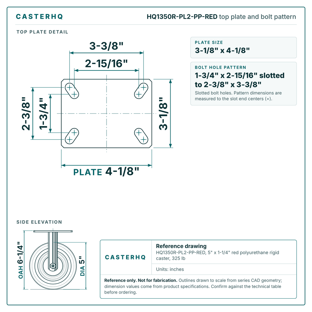 HQ1350R-PL2-PP-RED top plate bolt pattern drawing, 3-1/8 x 4-1/8 in plate, slotted bolt holes