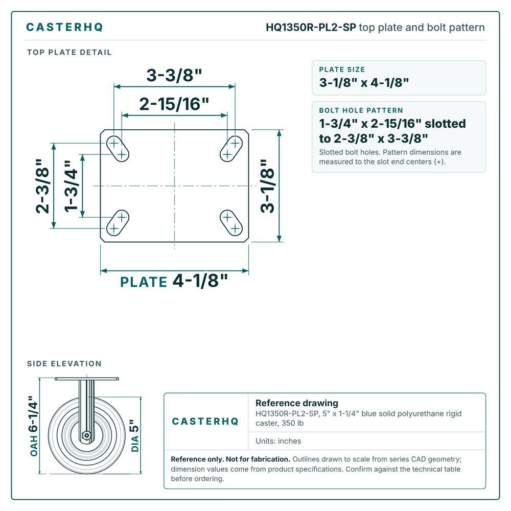 HQ1350R-PL2-SP top plate bolt pattern drawing, 3-1/8 x 4-1/8 in plate, slotted bolt holes