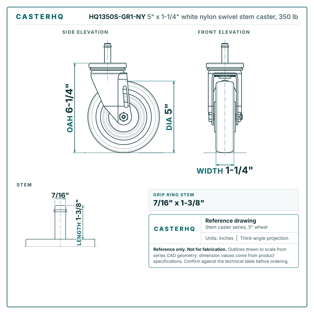 HQ1350S-GR1-NY 5" x 1-1/4" white nylon swivel stem caster, 350 lb reference drawing, side, front and stem views with dimensions