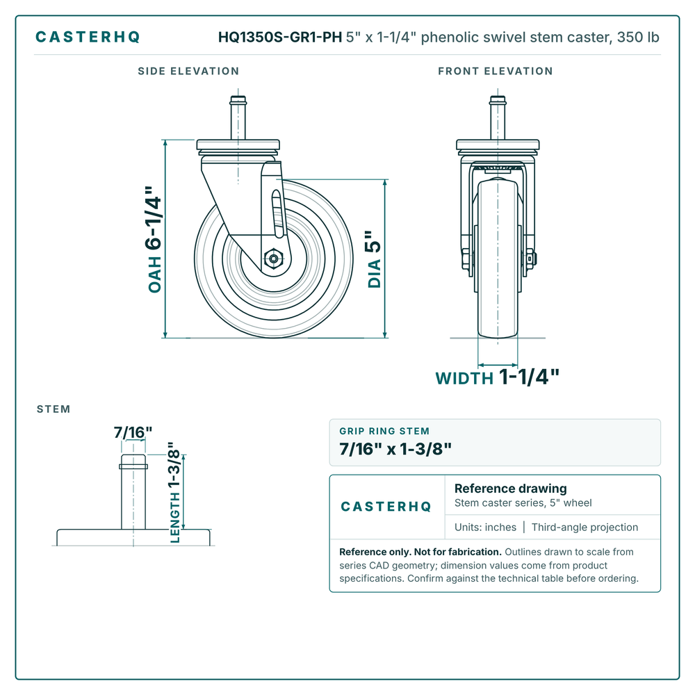 HQ1350S-GR1-PH 5" x 1-1/4" phenolic swivel stem caster, 350 lb reference drawing, side, front and stem views with dimensions
