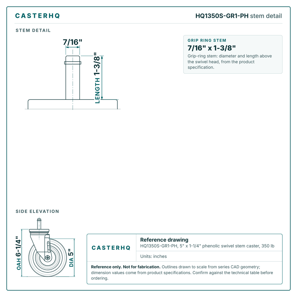 HQ1350S-GR1-PH stem detail drawing, grip ring stem 7/16" x 1-3/8"