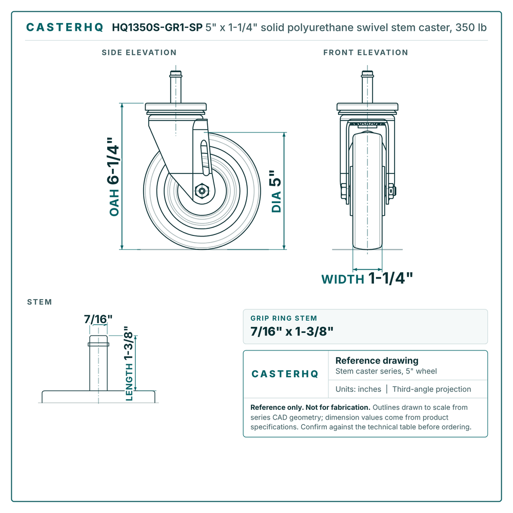 5" x 1-1/4" solid polyurethane swivel stem caster reference drawing, side, front and top plate views with dimensions