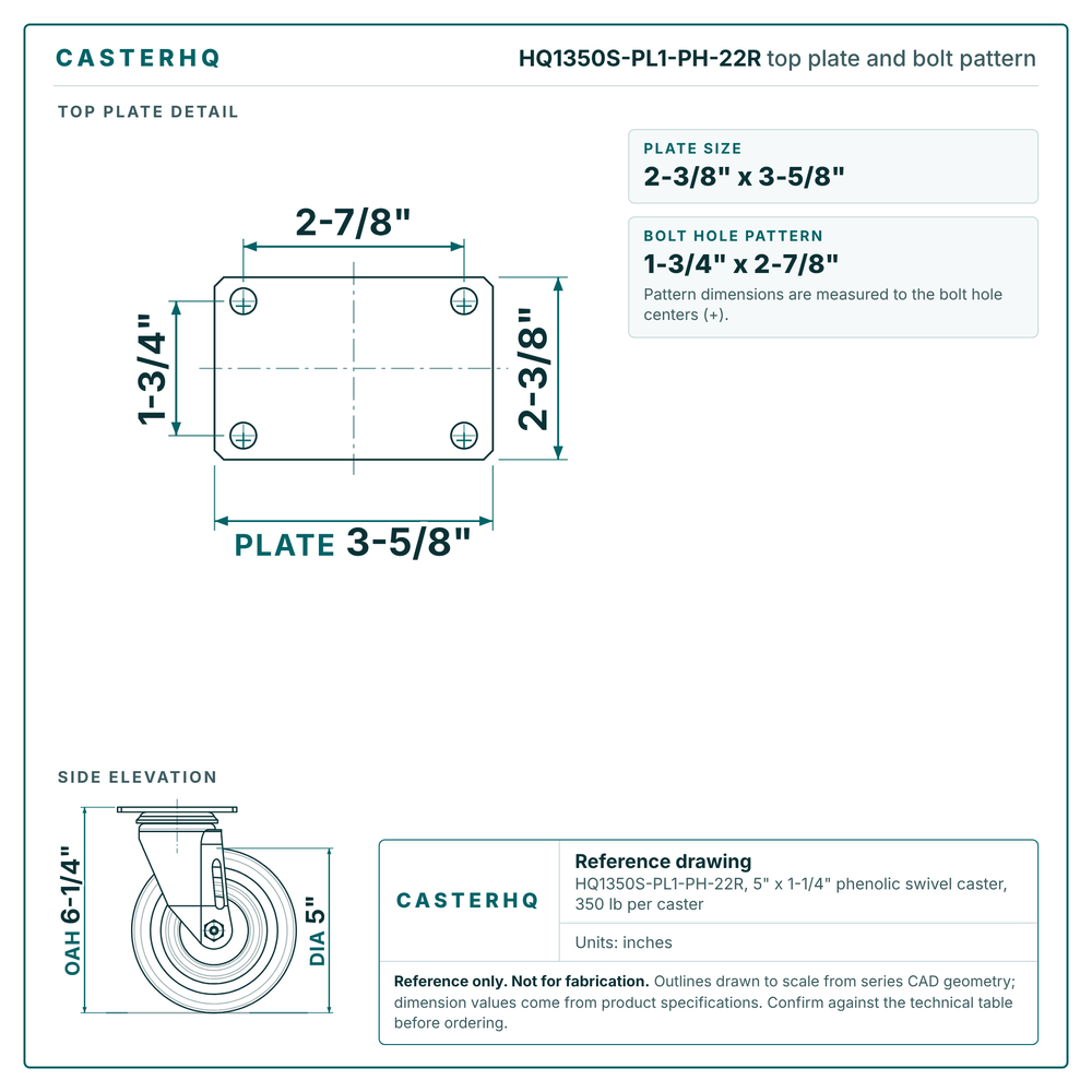 HQ1350S-PL1-PH-22R top plate bolt pattern drawing, 2-3/8 x 3-5/8 in plate