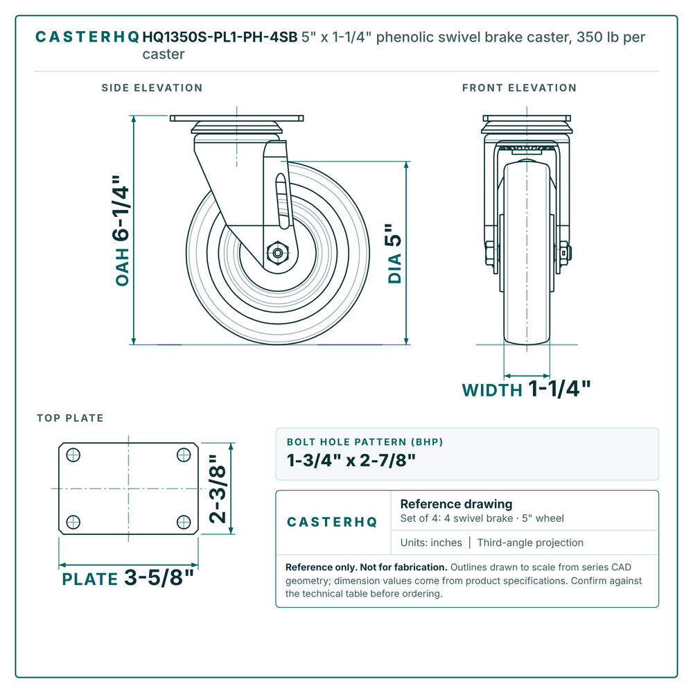5" x 1-1/4" phenolic swivel brake caster reference drawing, side, front and top plate views with dimensions