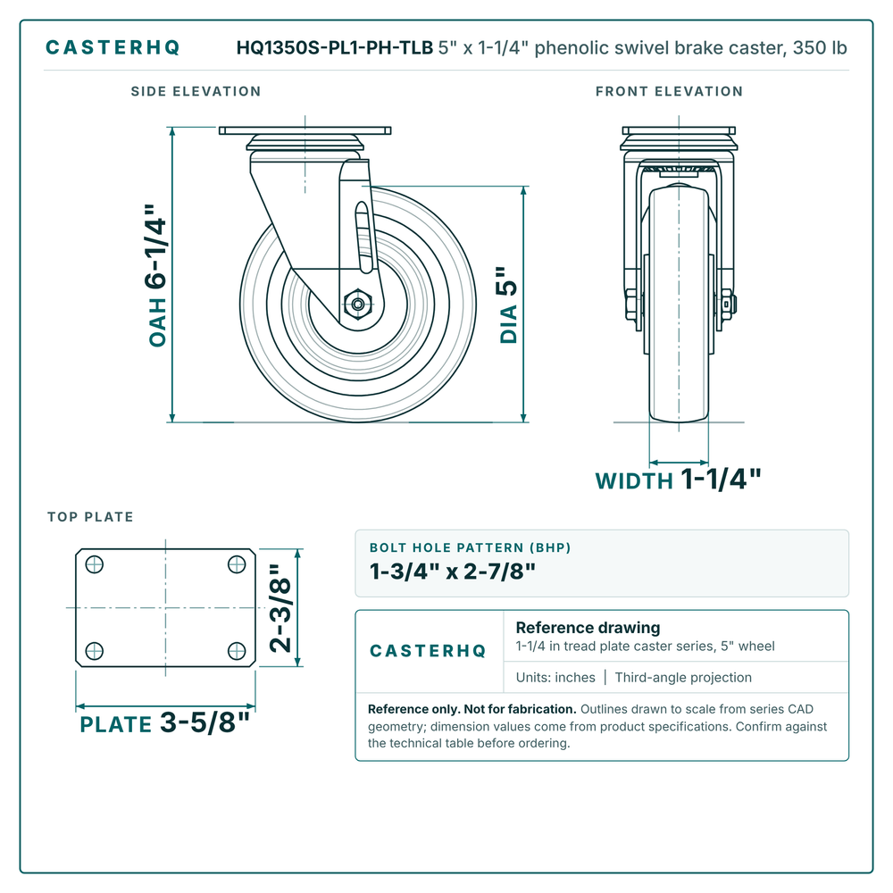 5" x 1-1/4" phenolic swivel brake caster reference drawing, side, front and top plate views with dimensions