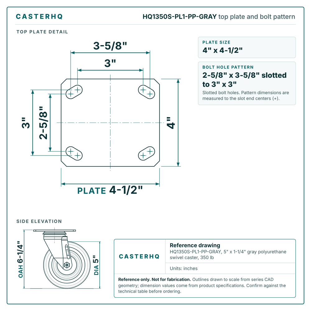 Top plate bolt pattern drawing, 4 x 4-1/2 in plate, 2-5/8 x 3-5/8 in slotted to 3 x 3 in, slotted bolt holes