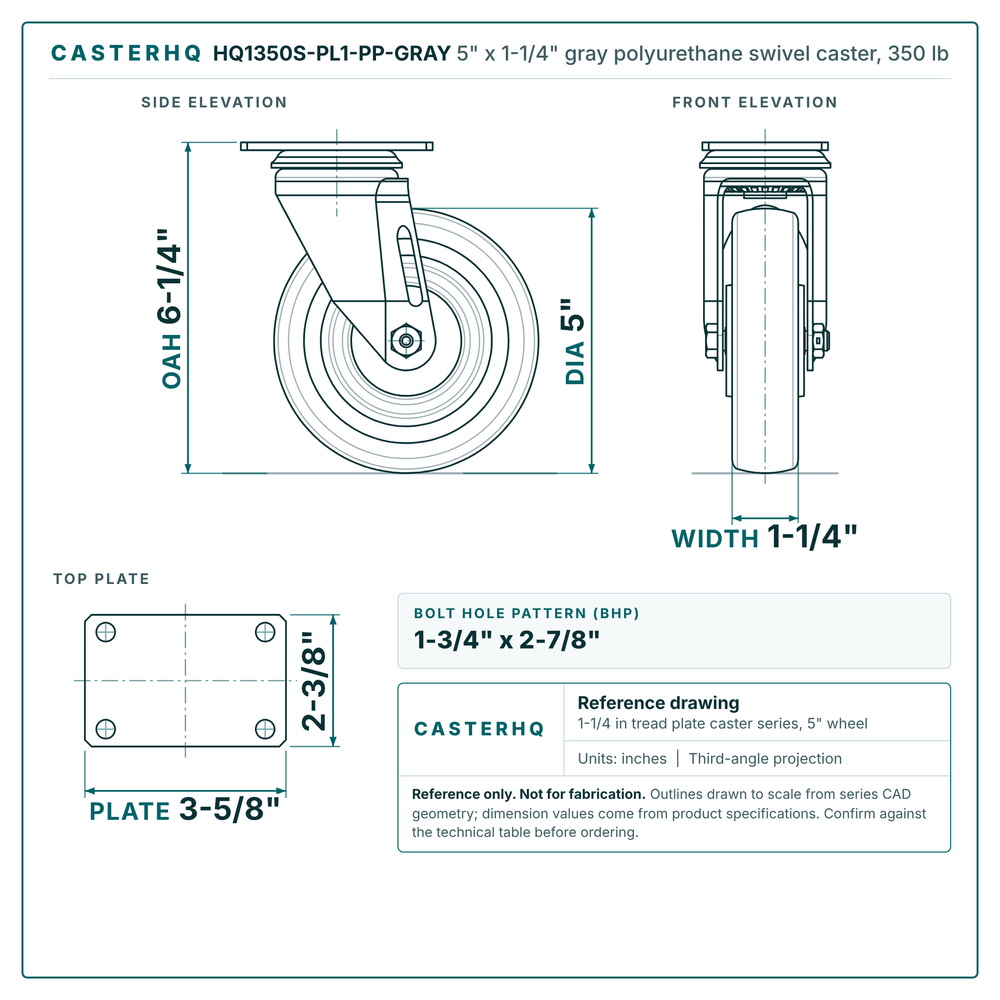 HQ1350S-PL1-PP-GRAY 5 x 1-1/4 in gray polyurethane swivel caster reference drawing, side, front and top plate views with dimensions