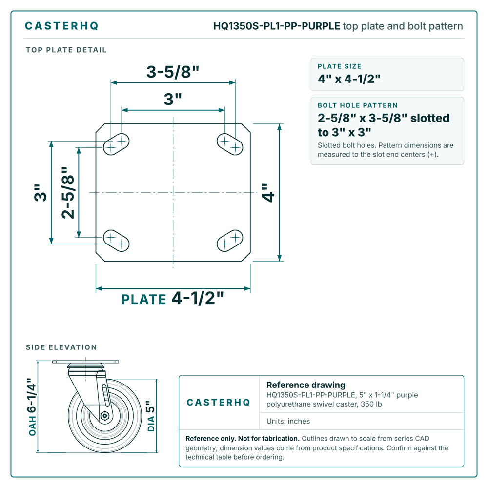 Top plate bolt pattern drawing, 4 x 4-1/2 in plate, 2-5/8 x 3-5/8 in slotted to 3 x 3 in, slotted bolt holes