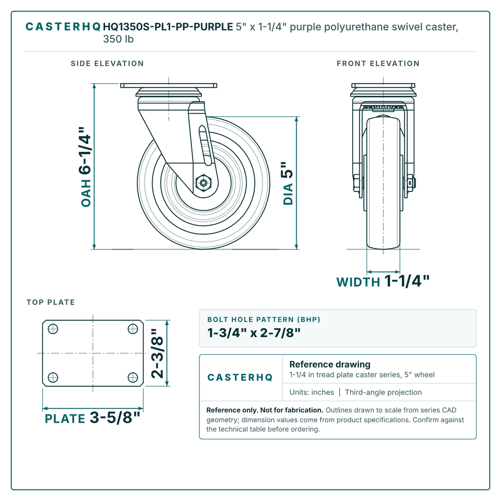HQ1350S-PL1-PP-PURPLE 5 x 1-1/4 in purple polyurethane swivel caster reference drawing, side, front and top plate views with dimensions