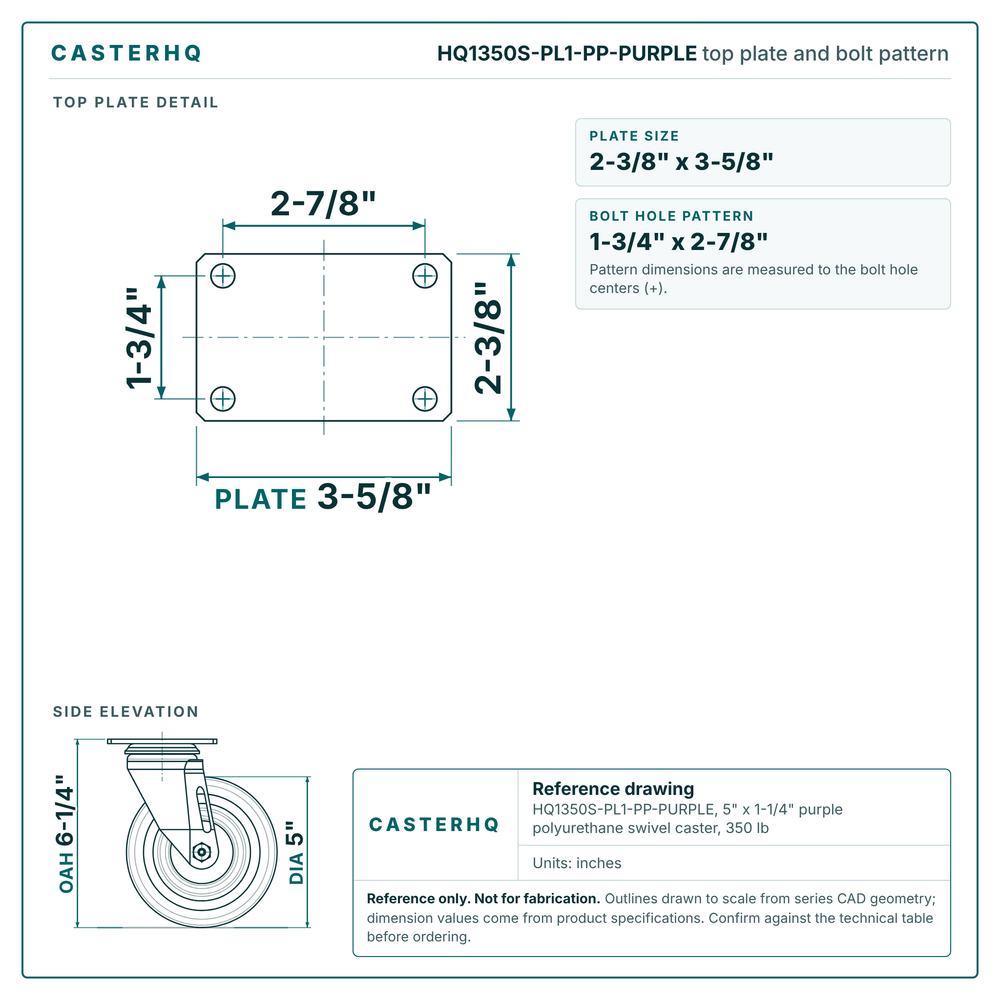 HQ1350S-PL1-PP-PURPLE top plate bolt pattern drawing, 2-3/8 x 3-5/8 in plate, round bolt holes