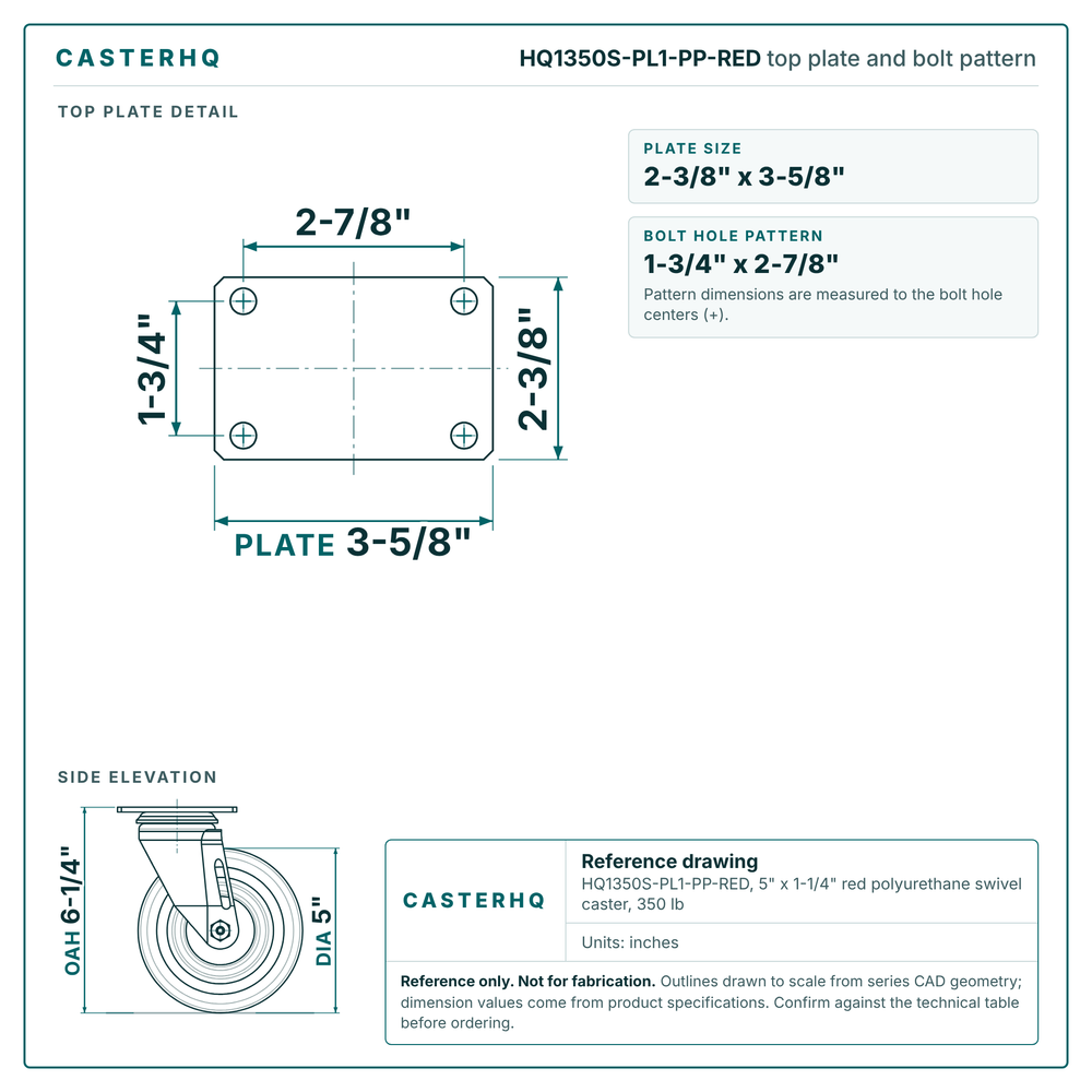 HQ1350S-PL1-PP-RED top plate bolt pattern drawing, 2-3/8 x 3-5/8 in plate, round bolt holes