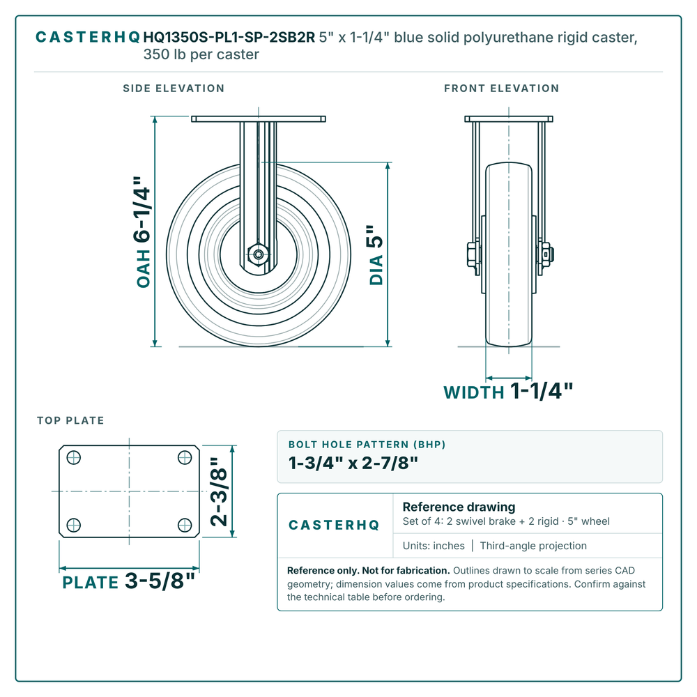 5" x 1-1/4" blue solid polyurethane rigid caster reference drawing, side, front and top plate views with dimensions