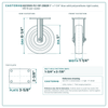 5" x 1-1/4" blue solid polyurethane rigid caster reference drawing, side, front and top plate views with dimensions