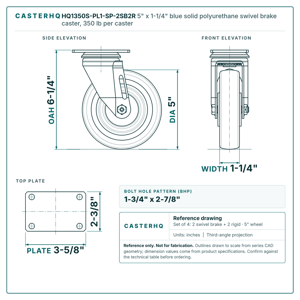 5" x 1-1/4" blue solid polyurethane swivel brake caster reference drawing, side, front and top plate views with dimensions