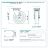 5" x 1-1/4" blue solid polyurethane swivel brake caster reference drawing, side, front and top plate views with dimensions