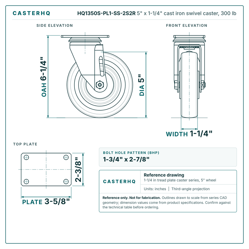 5" x 1-1/4" cast iron swivel caster reference drawing, side, front and top plate views with dimensions