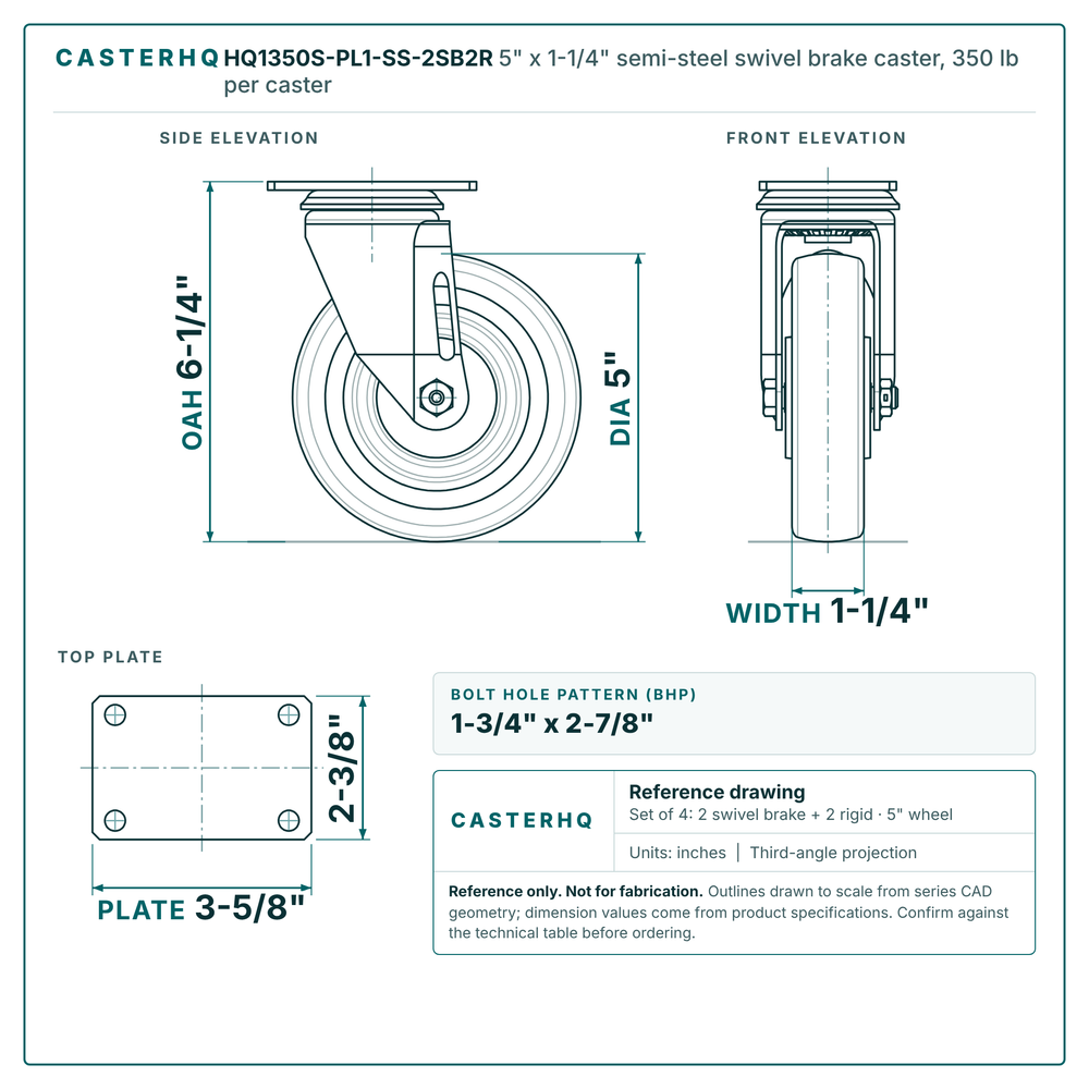 5" x 1-1/4" semi-steel swivel brake caster reference drawing, side, front and top plate views with dimensions