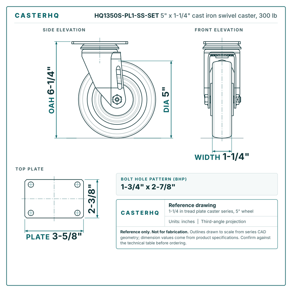5" x 1-1/4" cast iron swivel caster reference drawing, side, front and top plate views with dimensions