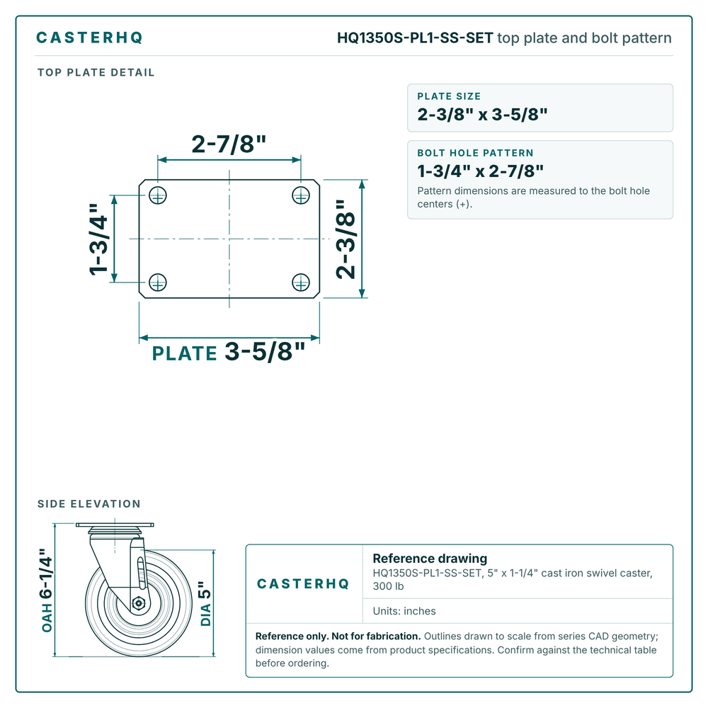 HQ1350S-PL1-SS-SET top plate bolt pattern drawing, 2-3/8 x 3-5/8 in plate, round bolt holes