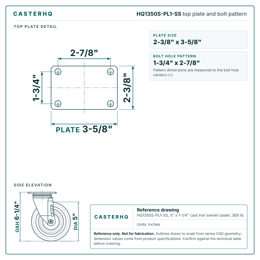 HQ1350S-PL1-SS top plate bolt pattern drawing, 2-3/8 x 3-5/8 in plate, round bolt holes