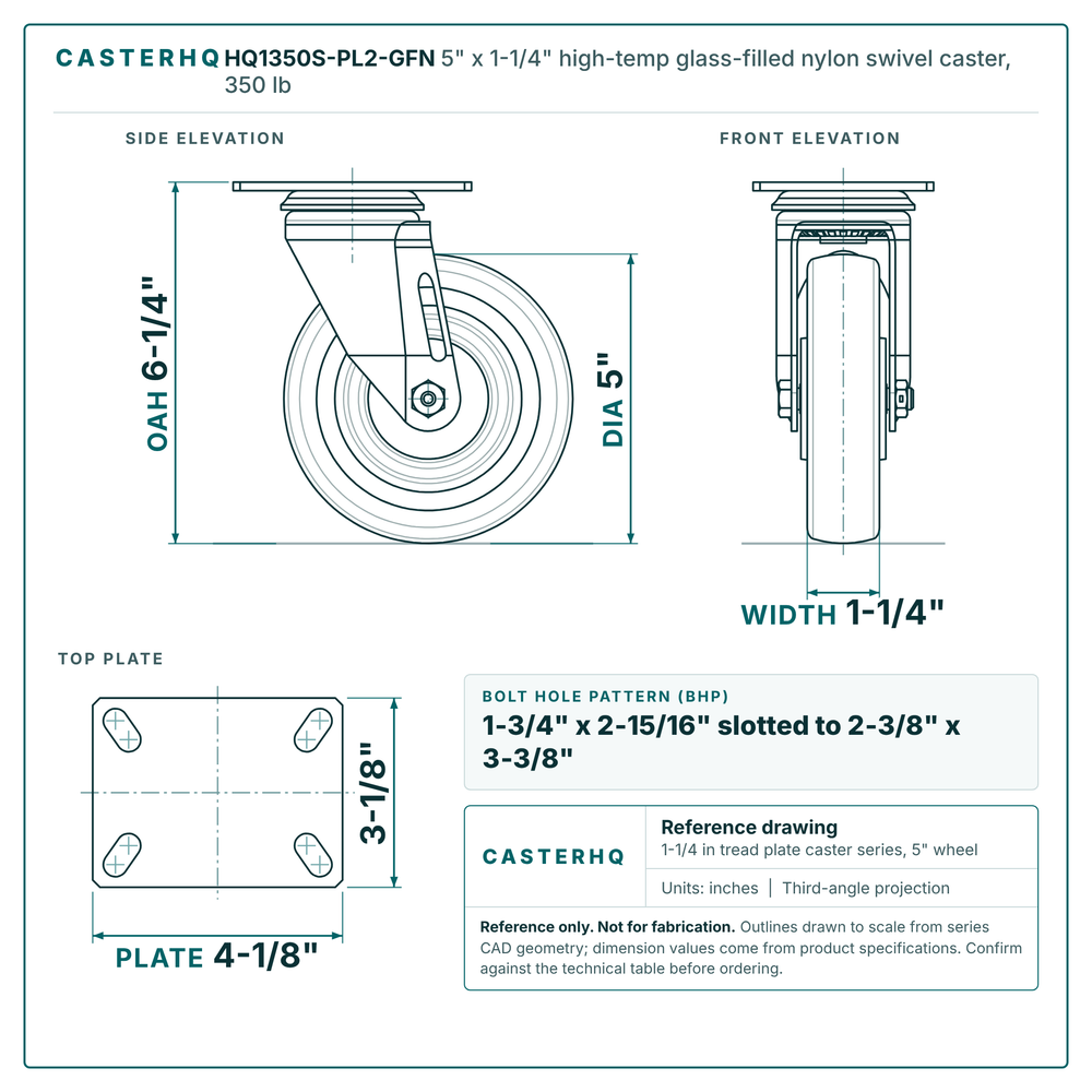 HQ1350S-PL2-GFN 5 x 1-1/4 in high-temp glass-filled nylon swivel caster reference drawing, side, front and top plate views with dimensions