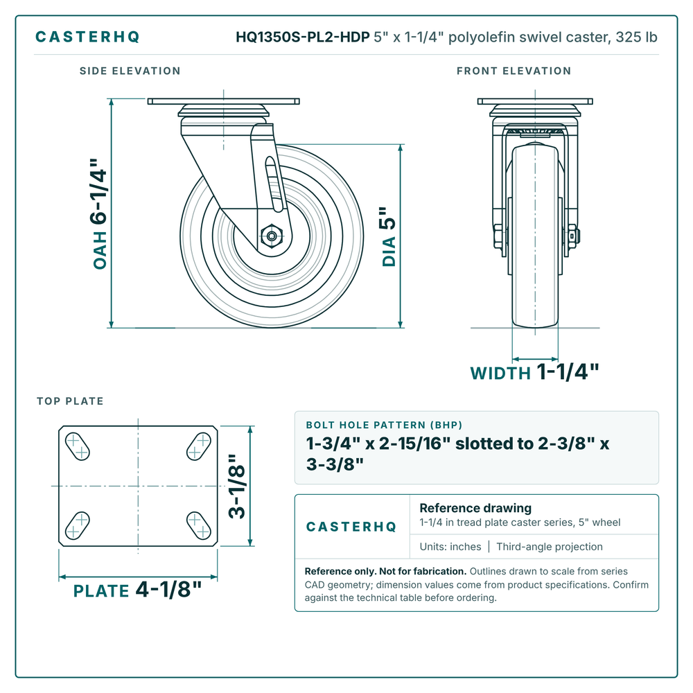 5" x 1-1/4" polyolefin swivel caster reference drawing, side, front and top plate views with dimensions