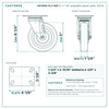 5" x 1-1/4" polyolefin swivel caster reference drawing, side, front and top plate views with dimensions