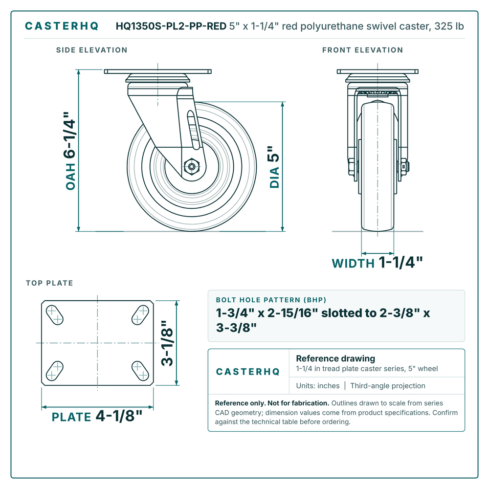 HQ1350S-PL2-PP-RED 5 x 1-1/4 in red polyurethane swivel caster reference drawing, side, front and top plate views with dimensions