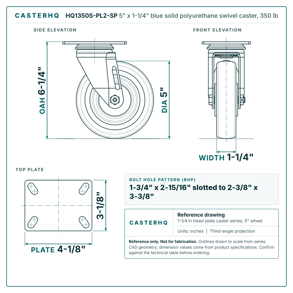 HQ1350S-PL2-SP 5 x 1-1/4 in blue solid polyurethane swivel caster reference drawing, side, front and top plate views with dimensions