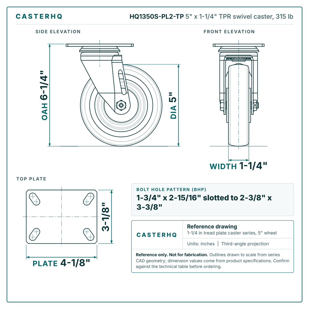 HQ1350S-PL2-TP 5 x 1-1/4 in TPR swivel caster reference drawing, side, front and top plate views with dimensions
