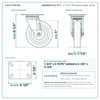 HQ1350S-PL2-TP 5 x 1-1/4 in TPR swivel caster reference drawing, side, front and top plate views with dimensions