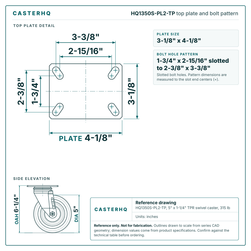 HQ1350S-PL2-TP top plate bolt pattern drawing, 3-1/8 x 4-1/8 in plate, slotted bolt holes