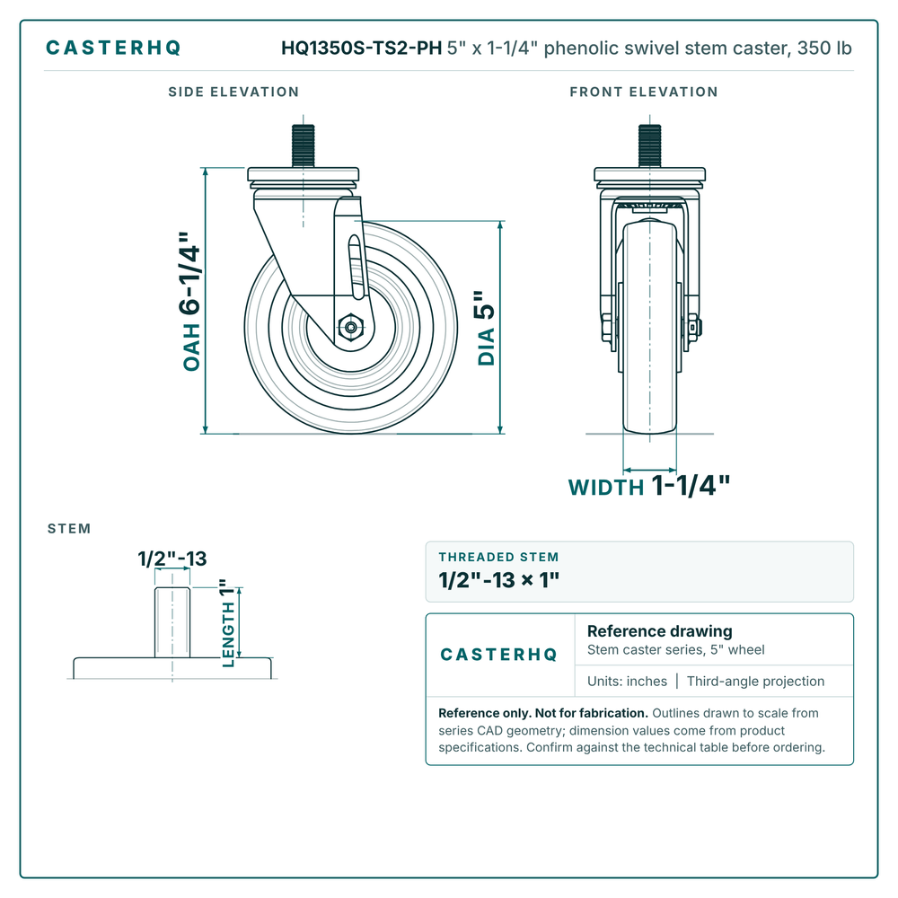 HQ1350S-TS2-PH 5" x 1-1/4" phenolic swivel stem caster, 350 lb reference drawing, 1/2"-13 x 1" threaded stem, side, front and stem views with dimensions