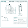 HQ1350S-TS2-PH 5" x 1-1/4" phenolic swivel stem caster, 350 lb reference drawing, 1/2"-13 x 1" threaded stem, side, front and stem views with dimensions