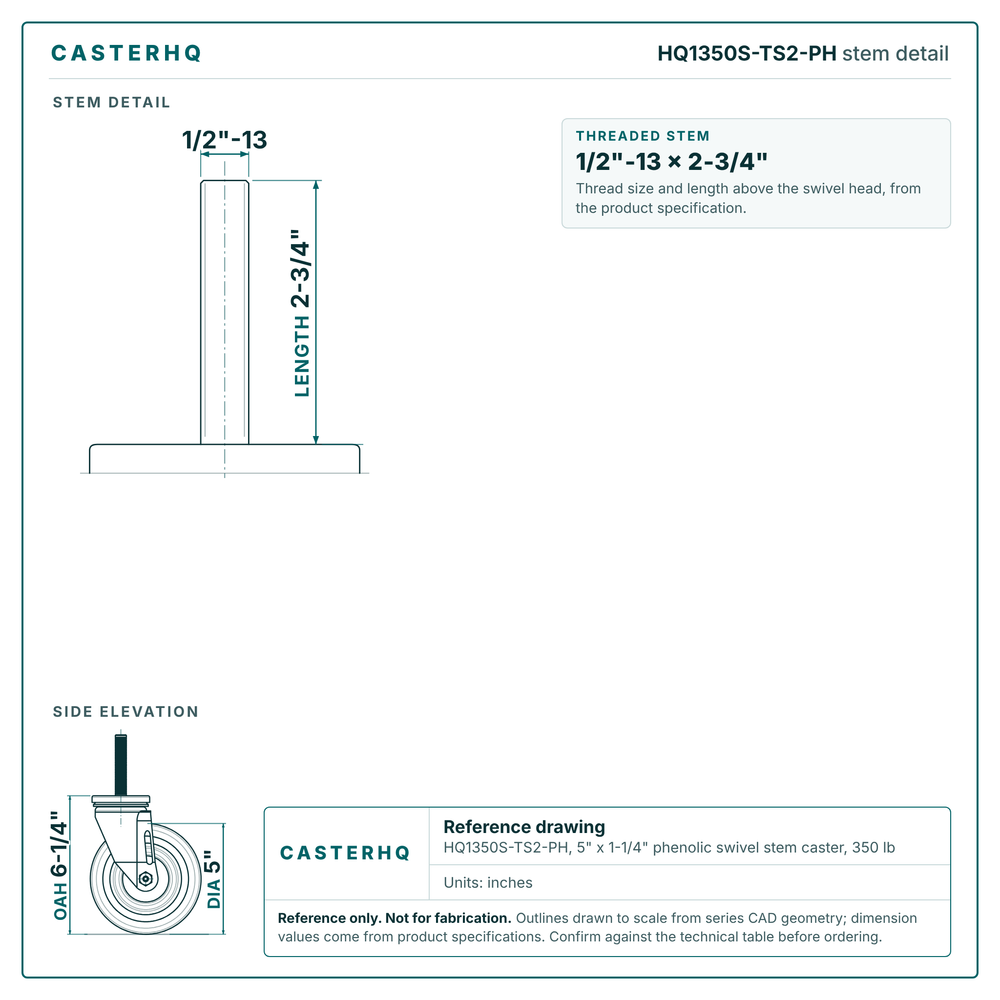 HQ1350S-TS2-PH stem detail drawing, threaded stem 1/2"-13 x 2-3/4"