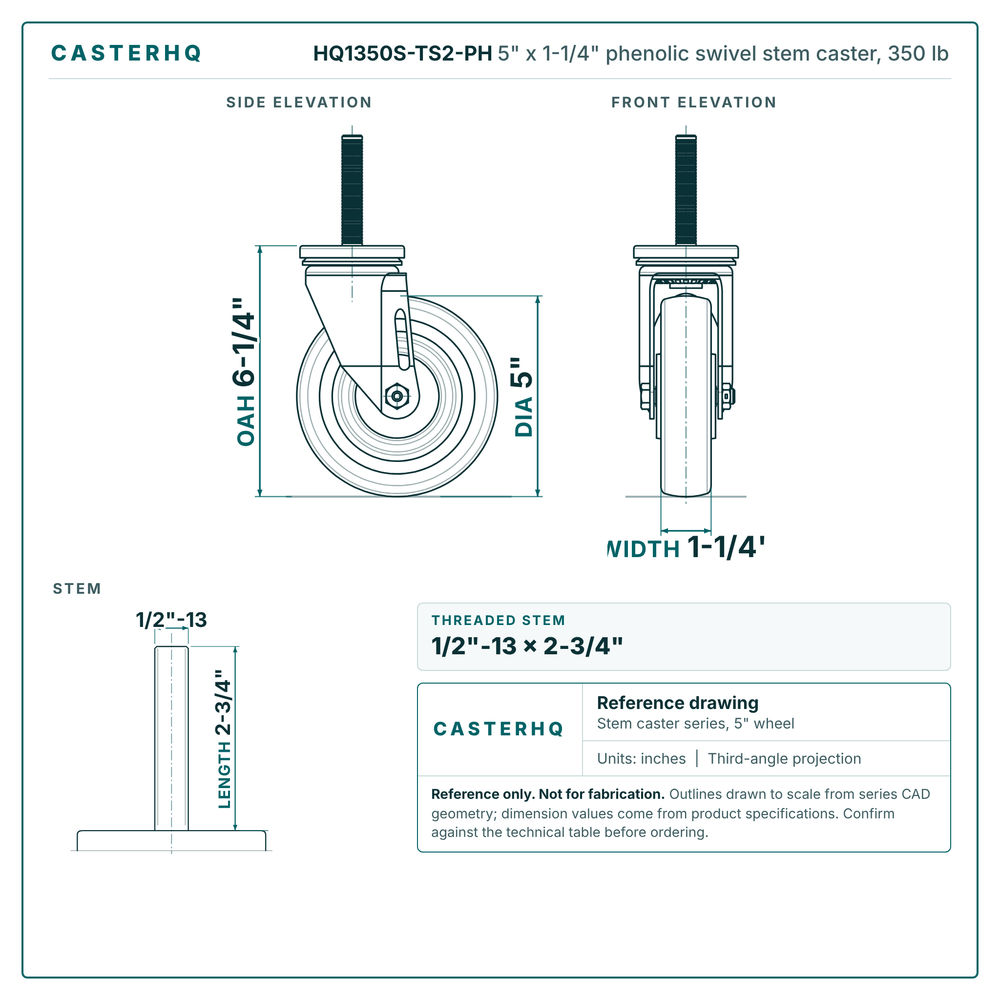 HQ1350S-TS2-PH 5" x 1-1/4" phenolic swivel stem caster, 350 lb reference drawing, 1/2"-13 x 2-3/4" threaded stem, side, front and stem views with dimensions