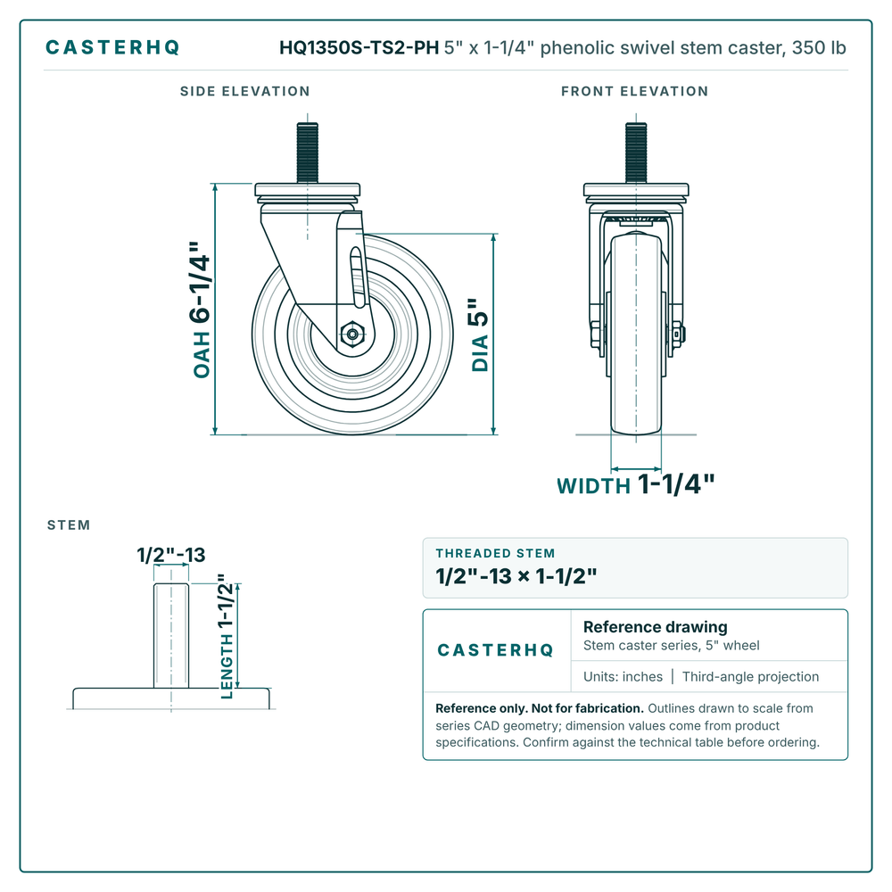 HQ1350S-TS2-PH 5" x 1-1/4" phenolic swivel stem caster, 350 lb reference drawing, side, front and stem views with dimensions