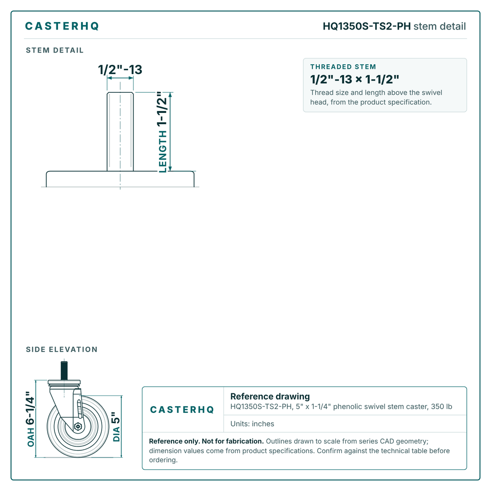 HQ1350S-TS2-PH stem detail drawing, threaded stem 1/2"-13 x 1-1/2"