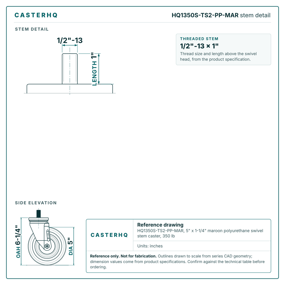HQ1350S-TS2-PP-MAR stem detail drawing, threaded stem 1/2"-13 x 1"
