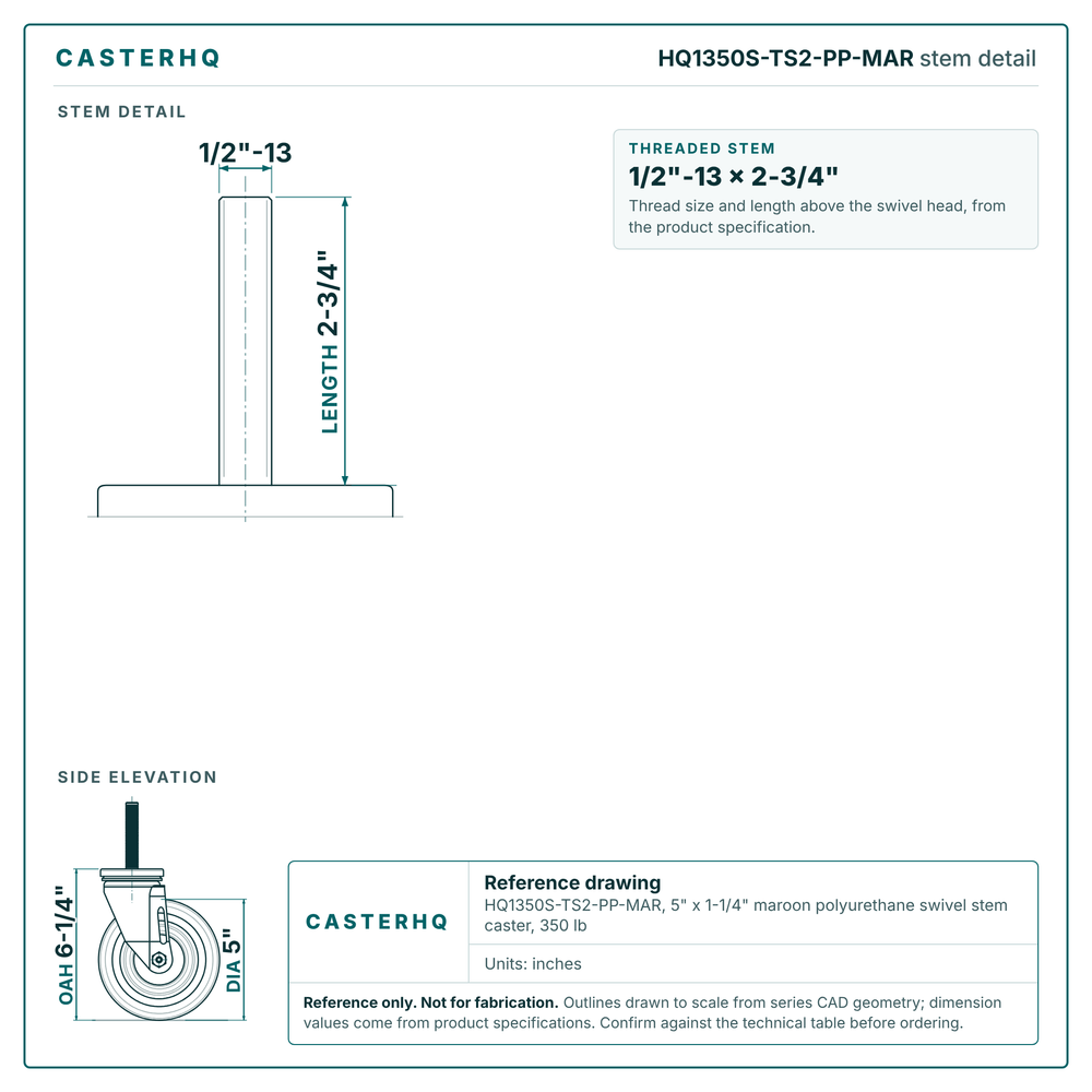 HQ1350S-TS2-PP-MAR stem detail drawing, threaded stem 1/2"-13 x 2-3/4"