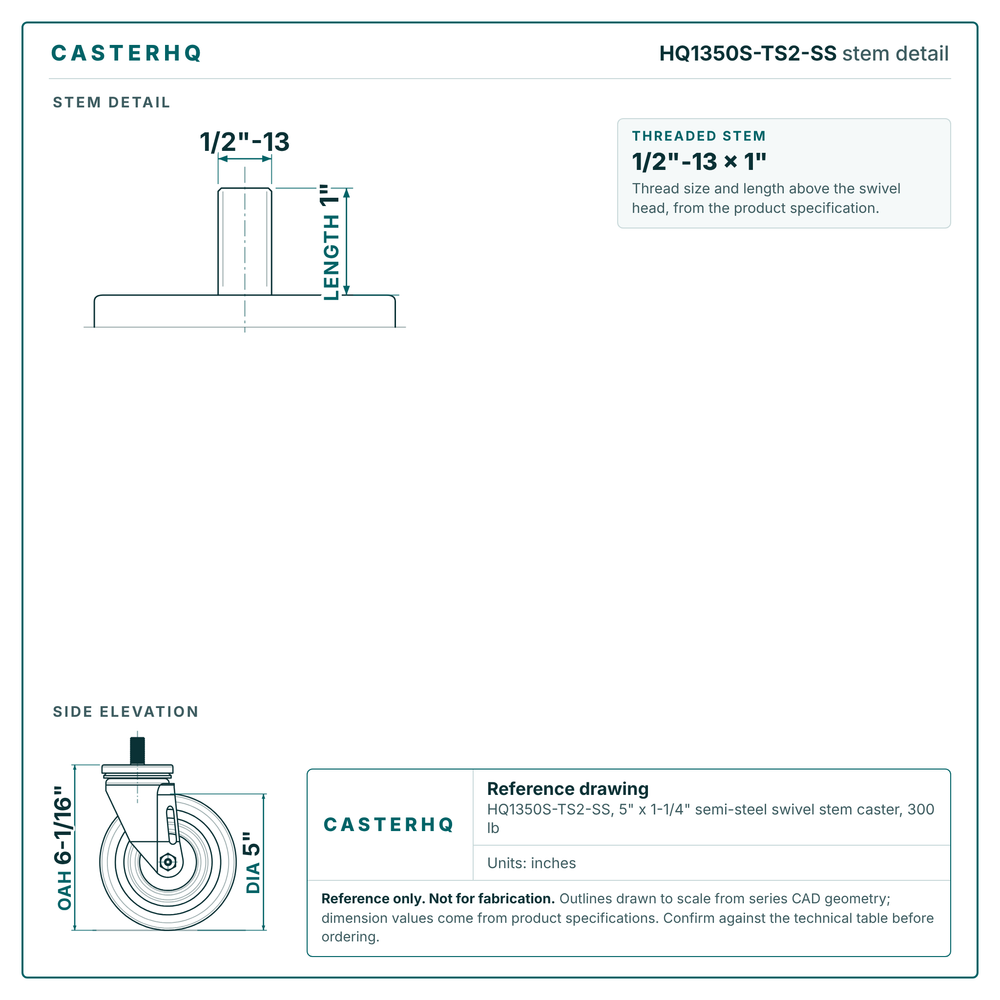 HQ1350S-TS2-SS stem detail drawing, threaded stem 1/2"-13 x 1"