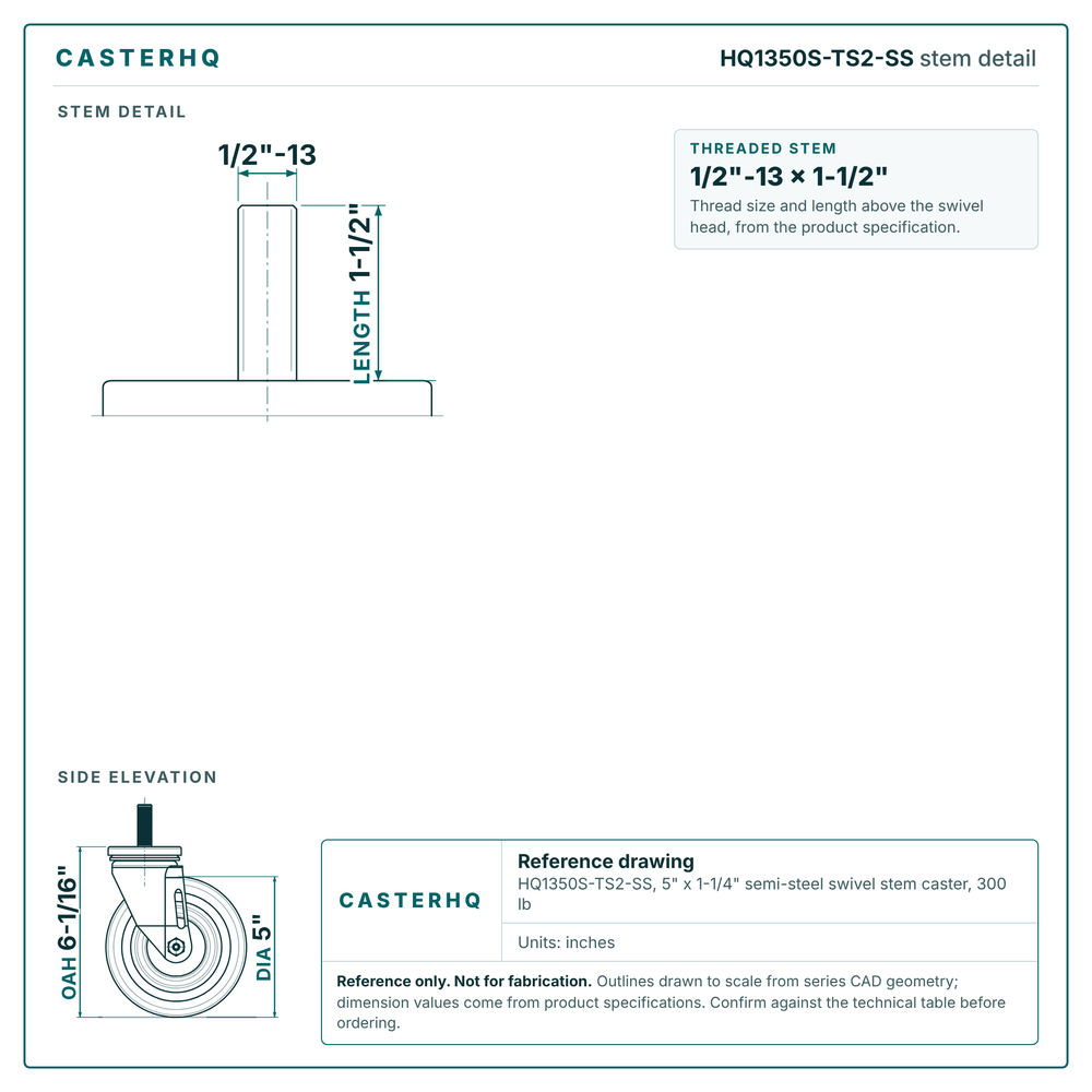 HQ1350S-TS2-SS stem detail drawing, threaded stem 1/2"-13 x 1-1/2"