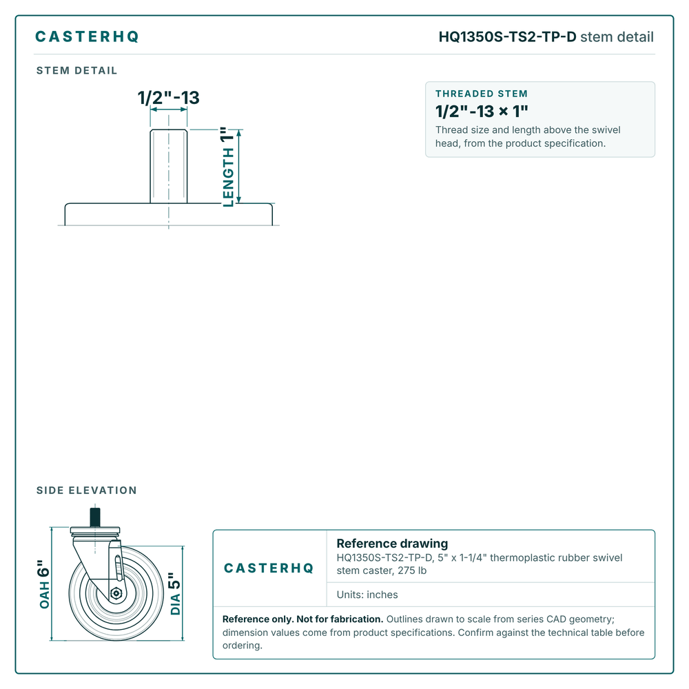 HQ1350S-TS2-TP-D stem detail drawing, threaded stem 1/2"-13 x 1"