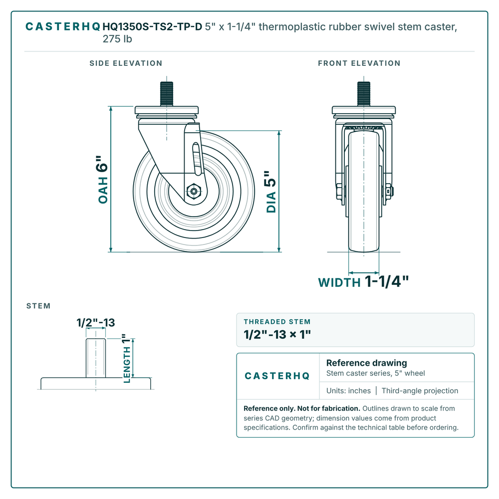 HQ1350S-TS2-TP-D 5" x 1-1/4" thermoplastic rubber swivel stem caster, 275 lb reference drawing, 1/2"-13 x 1" threaded stem, side, front and stem views with dimensions