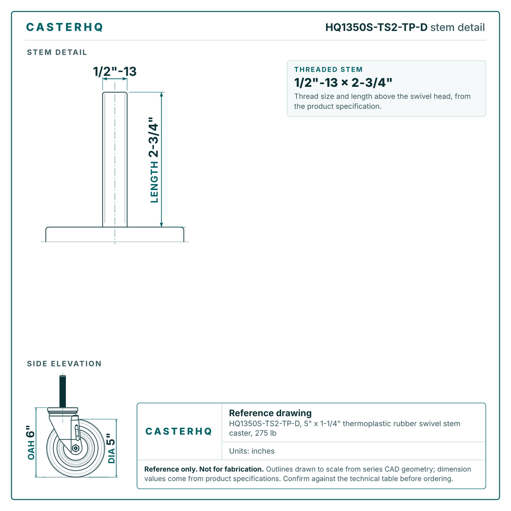 HQ1350S-TS2-TP-D stem detail drawing, threaded stem 1/2"-13 x 2-3/4"