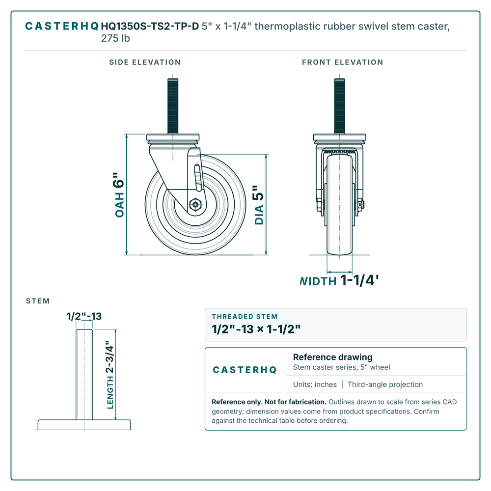 5" x 1-1/4" thermoplastic rubber swivel stem caster reference drawing, side, front and top plate views with dimensions