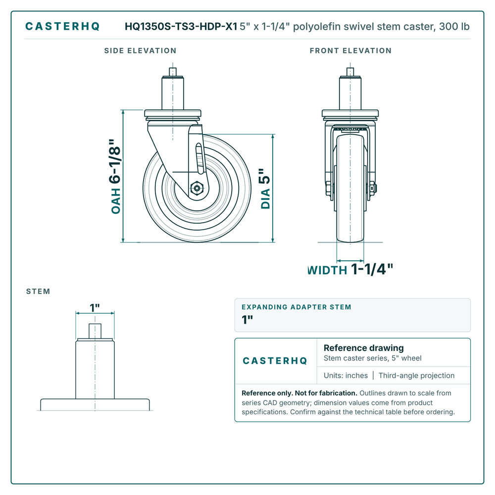HQ1350S-TS3-HDP-X1 5" x 1-1/4" polyolefin swivel stem caster, 300 lb reference drawing, side, front and stem views with dimensions